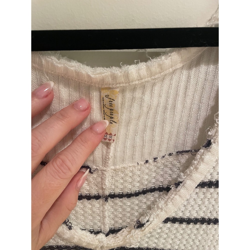 Free People We The Free Striped Thermal Top Cream Navy Blue Waffle Knit Medium - Picture 2 of 2